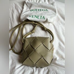 Authentic Bottega Veneta Mini Cassette Camera Bag in Taupe/Gold